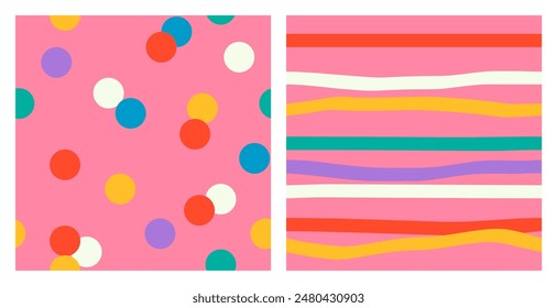 Set of seamless abstract patterns of a multicolored polka dots and horizontal stripes on a pink background