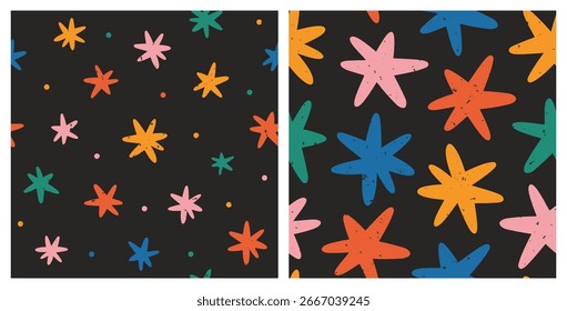 Conjunto de padrões abstratos sem costura de estrelas multicoloridas em um fundo preto com textura, confete; ilustração vetorial desenhada à mão simples bonito; desenho, estilo plano