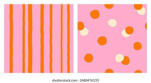 Set of seamless abstract patterns of red and white polka dots and vertical wavy stripes on a pink background, hand drawn illustration