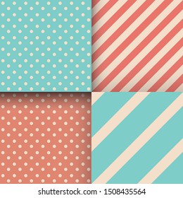 Set of seamless abstract patterns. Stripes and polka dot. Trendy colours. Mint, coral. Vector illustration