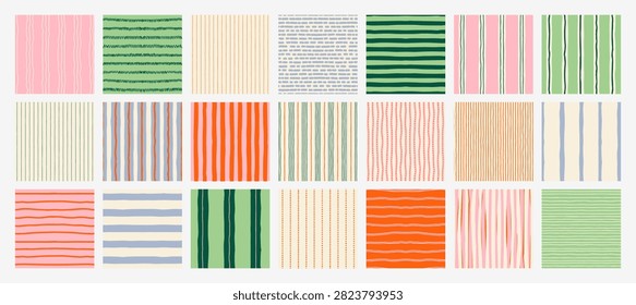 Set of seamless abstract stripe patterns with hand-drawn vertical lines. Modern decorative vector backgrounds with irregular organic stripes in soft colors. Suitable for textile, packaging, wallpaper, stationery and contemporary graphic design.