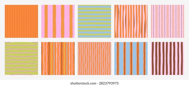 Set of seamless abstract stripe patterns with hand-drawn vertical lines. Modern decorative vector backgrounds with irregular organic stripes in soft colors. Suitable for textile, packaging, wallpaper, stationery and contemporary graphic design.