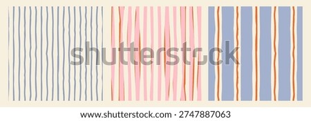 Set of seamless abstract stripe patterns with hand-drawn vertical lines. Modern decorative vector backgrounds with irregular organic stripes in soft colors. Suitable for textile, packaging, wallpaper, stationery and contemporary graphic design.