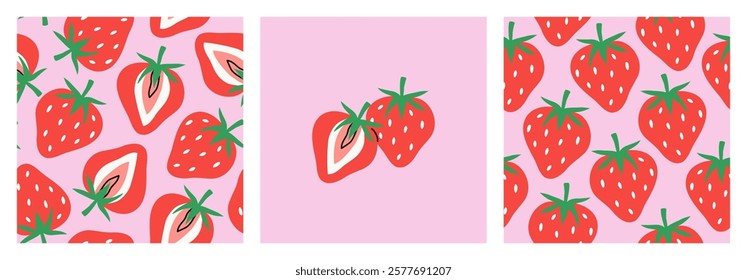 Set of seamless abstract summer berry patterns with strawberries on pink background, drawing, simple cute hand drawn illustration, flat style