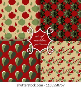 set of seamless abstract vector paper with decorative flowers, leaves, apples