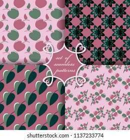 set of seamless abstract vector paper with decorative flowers, leaves, apples