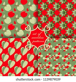 set of seamless abstract vector paper with decorative flowers, leaves, apples