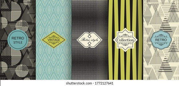 Set of Seamless abstract Vintage background in sixties style. Shabby chic. Vector geometric seamless textures with circles, triangles, stripe
