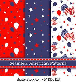 Set of seamless american patterns in national colors. Holiday decorative background. Vector illustration.