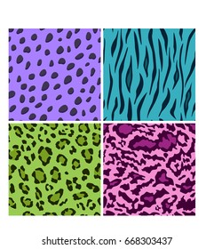 Set of seamless animal bright color patterns, vector feline or cat background