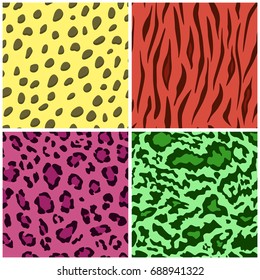 Set of seamless animal fur bright color patterns, vector feline or cat background, 80s 90s style prints