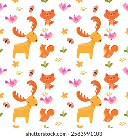 Set with seamless animal pattern. deer, squirrels, beetles, tubads, birds and tropical plants. Can be used for t-shirt prints, fashion designs for children's clothing, baby shower invitation cards.