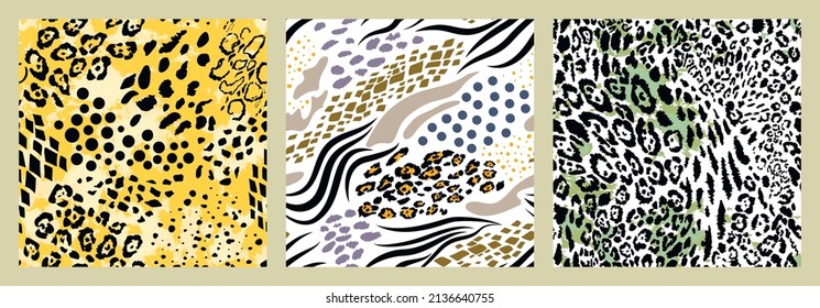 Set of seamless animal skin patterns - tiger, leopard, zebra, snake. Jungle safari concepts for print wallpaper, fabric, background, cover, clothing