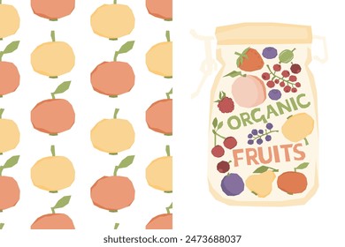 Set with seamless apple pattern and fruits and berries clip art. Vector illustration for printing. Delicate kitchen background for printing fabric, textile and paper.
