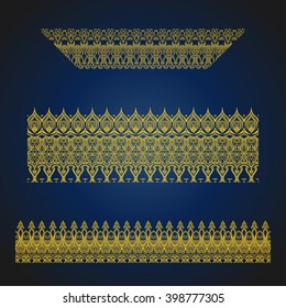 Set of seamless arabic ornate borders on blue background. Vintage hand drawn vector illustration