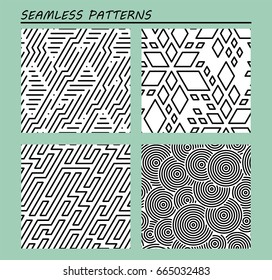 Set of seamless art abstract geometric patterns. Maze, Zigzag, rhombus flower, strips, circles. Black and white vector illustration.