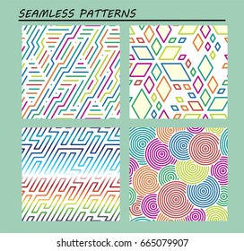 Set of seamless art abstract geometric patterns. Maze, Zigzag, rhombus flower, strips, circles.Colorful vector illustration.