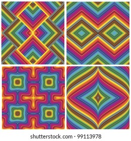 Set of seamless art deco textures and pattern in vivid and bright rainbow colors
