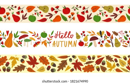 Set of seamless autumn fall borders. Tape template. Vector illustration isolated on white. Leaves, mushrooms, pears, apples. Flat cartoon design. Border pattern for banners, washi tape, scrapbooking.