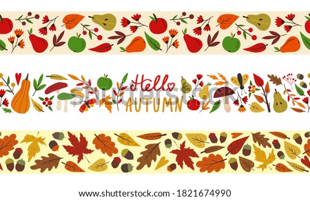 Set of seamless autumn fall borders. Tape template. Vector illustration isolated on white. Leaves, mushrooms, pears, apples. Flat cartoon design. Border pattern for banners, washi tape, scrapbooking.