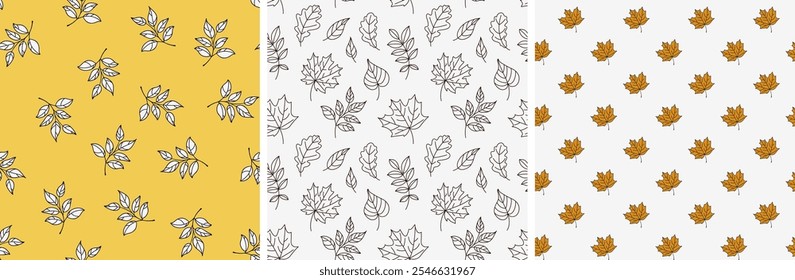 Set of seamless autumn pattern with beautiful decorative leaf silhouette. Wallpaper, wrapping, fabric design with rowan, birch, maple, oak leaf on white and yellow background. Vector illustration