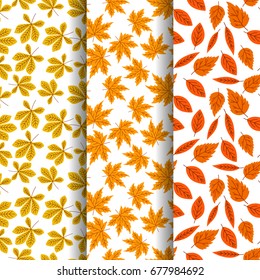 Set of  seamless autumn pattern with leaves. Vector Colorful background for wallpaper, gift paper, greeting cards, wrapping, textile, print.