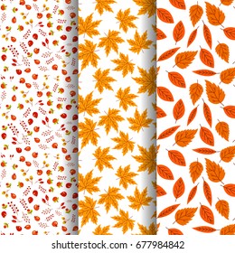Set of  seamless autumn pattern with leaves. Vector Colorful background for wallpaper, gift paper, greeting cards, wrapping, textile, print.