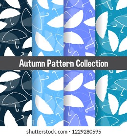 set seamless autumn pattern with umbrella in flat style. colorful background collection. template for textile fabric design, wrapping paper, fill web page wallpapers, surface textures.