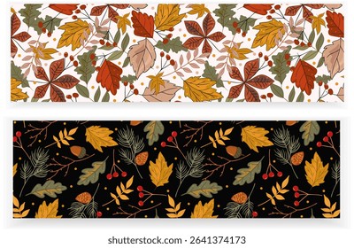 Set of seamless autumn patterns with colorful leaves, berries, acorns, pinecones, and branches. Hand-drawn fall backgrounds for packaging, fabric, scrapbooking, cards, wrapping paper, and seasonal des