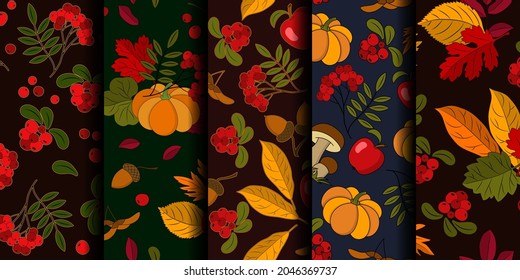 Conjunto de patrones de otoño sin fisuras con elementos naturales sobre fondo oscuro.