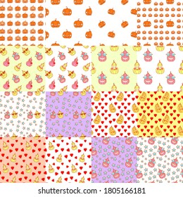 Set of seamless autumn patterns with pumpkins. Vector. Different shapes and colours. Emodzi