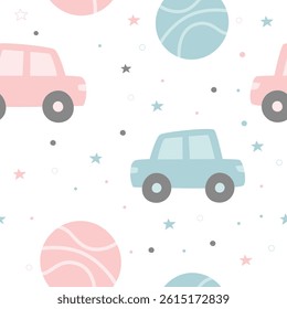 Set of seamless baby boy patterns with pastel pink and blue elements stars, paper planes, blocks. Perfect for nursery, fabric, or stationery design