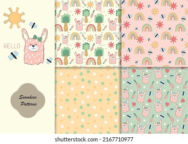 Set seamless baby patterns set Cute Rabbit. Seamless backgrounds with a rabbit and a sun for kids fabrics, paper, wallpapers