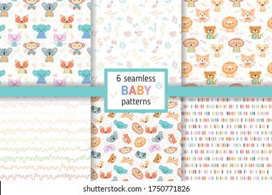 Set of seamless baby patterns for fabric, gift paper, cards. Vector illustration.