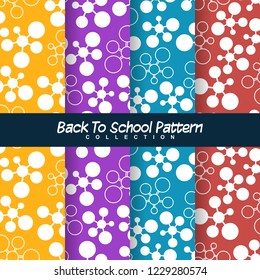 set seamless back to school pattern with atom in flat style. education colorful background. template for textile fabric design, wrapping paper, web page wallpapers, pattern fills, surface textures