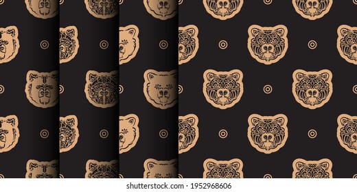 Set of Seamless background with BEAR FACE in a simple style. Suitable for backgrounds, prints, clothing and textiles. Vector illustration.