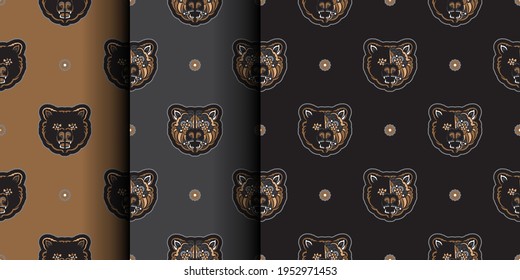 Set Seamless background with BEAR FACE. Suitable for backgrounds, prints, clothing and textiles. Vector illustration.