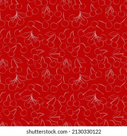 Un conjunto de fondo sin fisuras con cerezas. Dibujo de líneas y contorno blanco. Las líneas tienen anchos diferentes. Gráficos vectores, 1000 por 1000.