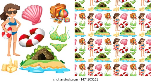 Set of seamless background design with isolated objects theme - summer illustration