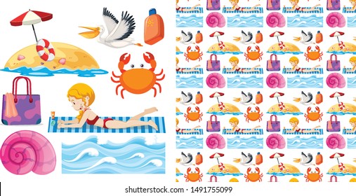 Set of seamless background design with isolated objects theme - summer illustration