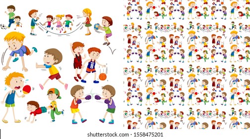 Set of seamless background design with isolated objects theme - children and sport illustration