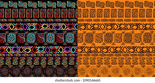 Set of seamless background ethnic hand drawn colorful pattern.