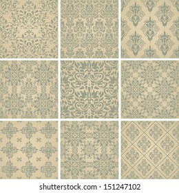 set of seamless background of green color in the style of Damascus 