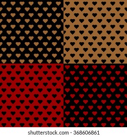 Set seamless background with hearts. Multicolored seamless background - red, black, gold. Vector seamless backgrounds.