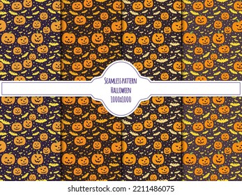 A set of seamless background with Jack lamps, bats and stars, Halloween background. 1000x1000 pixels. Vector graphics.