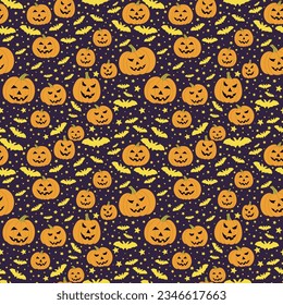 A set of seamless background with Jack lamps, bats and stars, Halloween background. 1000x1000 pixels. Vector graphics.