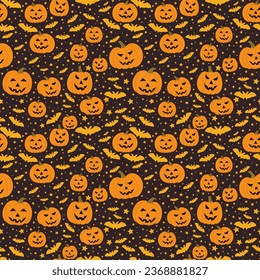Un conjunto de fondo sin fisuras con lámparas Jack, murciélagos y estrellas, fondo de Halloween. 1000x1000 píxeles. Gráficos vectoriales.