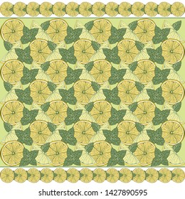 Set of seamless background and ornament of yellow lemons and green mint. Ready variation for registration. Vintage detailed style.