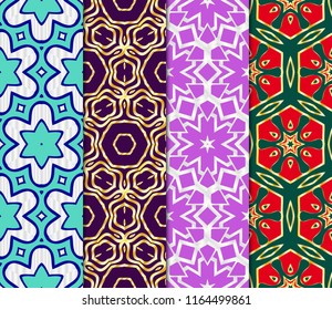 Set of Seamless background pattern in geometric floral style. Vector illustration. Endless line texture for wallpaper, packaging, banners, textile fashion fabric print, invitation cards.