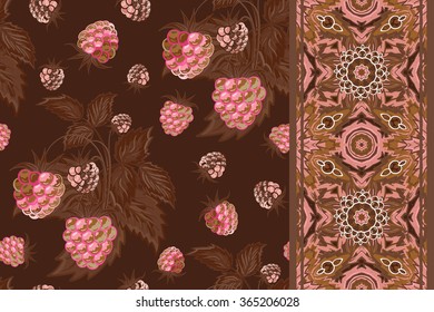 Set of seamless background with pink raspberry, brown leaves on dark background and border (ribbon, tape, band, strip). Vector illustration.